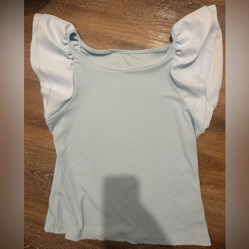 Ruffled Sleeve Scoop Neck Women's Top - Light Blue - Picture 2 of 2